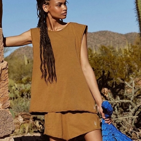 Free People Hot Shot Open Back Shorts Tank Set in Washed Tobacco NEW! - Picture 3 of 9